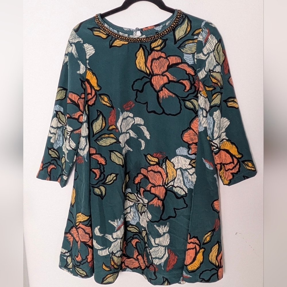 Maeve Anthropologie Mini Dress Green Peonies 3/4 Sleeve Small Beaded Neck Sz PS - Picture 2 of 14